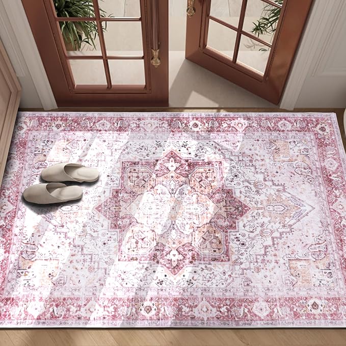 Pink 3x5 Entryway Rug, Non Slip Indoor 3x5 Washable Rug | Soft faux wool, machine washable & stain resistant. Non-slip rubber backing, low pile. For entryway, kitchen, hallway.