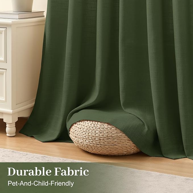 Pinch Pleated Sheer Linen Blend Curtains Light Filtering for Living Room | Living Room, Semi Sheer, Pinch Pleat, Bedroom, Hook Rings, Non See Through, Memory Shape, W40xL90, Olive Green, 2 Panels