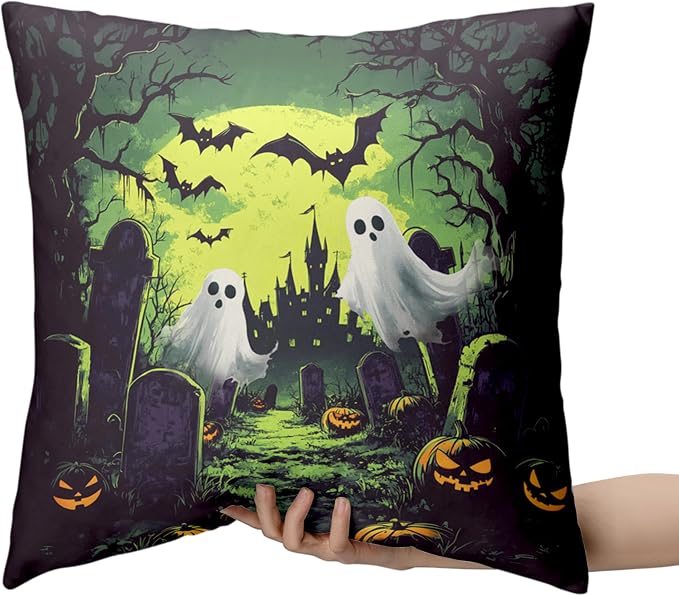 2 Pack Halloween Pillow Covers 20x20 Graveyard Ghost Throw Pillow Covers Horror Spooky Green Full Moon Night Pillow Case Bat Pumpkin Cushion Case for Holiday Party Decor Couch Sofa