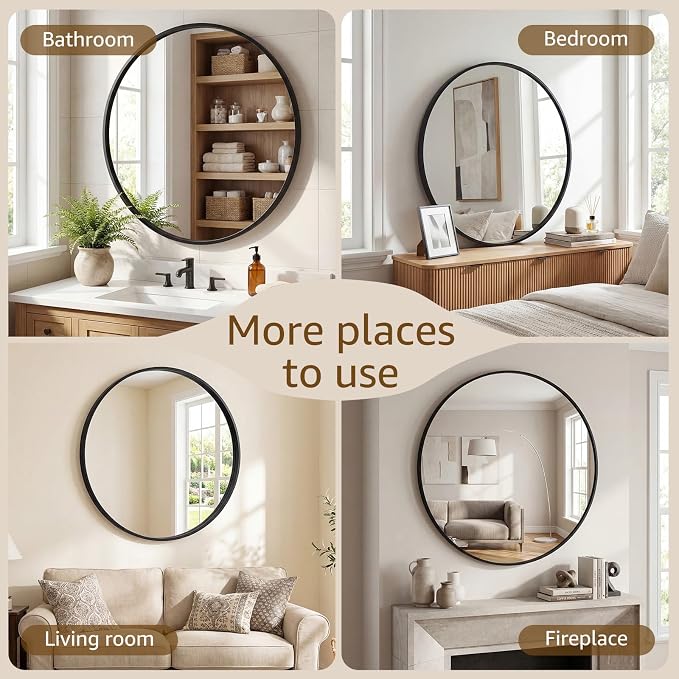 DUMOS 28 Inch Round Wall Mirror, Bathroom Mirrors for Over Sink | Matte Metal Framed Circle Mirror, Wall Decor for Bedroom, Entryway, Anti-Rust, Tempered Glass, Hanging or Leaning, Black