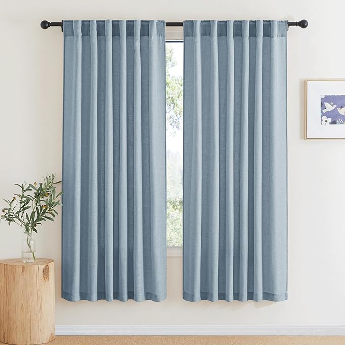 RYB HOME Light Filtering Linen Sheer Curtains 72 inch Long for Farmhouse | Linen Blend Burlap,Semi Transparent,UV Protection,Dorm Laundry Room,Rod Pocket & Back Tab,W52 x L72,Dusty Blue,2 Panels