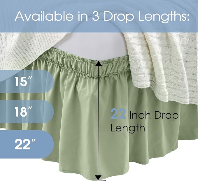 FreshCulture King Bed Skirt, Dust Ruffle for King Size Bed, Easy Fit with 22-Inch Tailored Drop, Elastic Wrap Around Bed Skirt King Size, Hotel Quality Bed Skirts for Adjustable Bed (Sage Green)