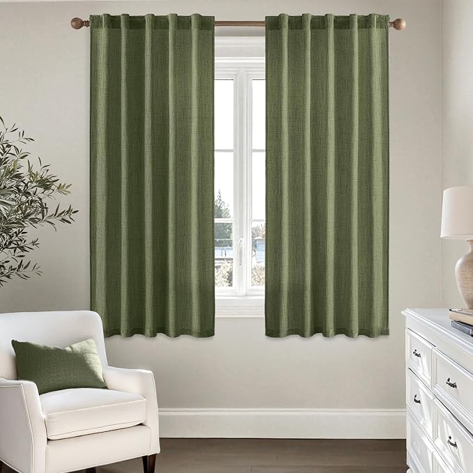 MIULEE Faux Linen Curtains 63 Inch Length 2 Panels Natural Olive Green Semi Sheer Curtain with Back Tab Rod Pocket, Light Filtering Window Privacy Burlap Drapes for Living Room Bedroom 42W x 63L
