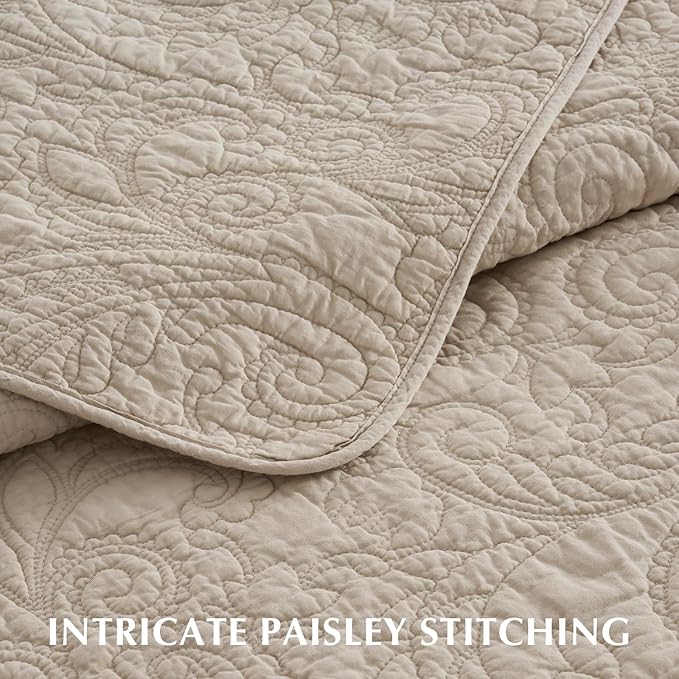 EVERGRACEHOME 100% Cotton Paisley Quilt Set, King Size, Flax Beige | Prewashed for Softness, Year-Round Breathability, Gift-Ready Box, Matelasse-style Quilted Coverlet, 3 Piece Set with 2 Shams
