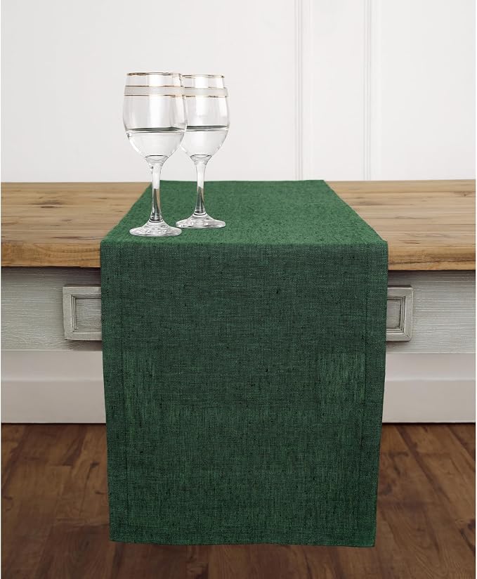 Solino Home 100% Pure Linen Table Runner Forest Green, Athena 14 x 108 in | styles dining tables for meals and celebrations, European flax fibres, soft to the touch, Forest Green, OEKO-TEX Certified