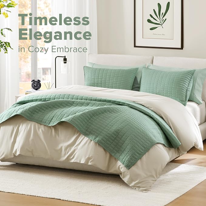 Comfort Spaces Kienna Queen Quilt Bedding Set 3 Piece, 90"x90" Sage Green | Soft Cozy Lightweight Summer Coverlet Full Size, Quilted Bedspreads Extra Layer, Modern Casual Bedroom Decor, OEKO-TEX