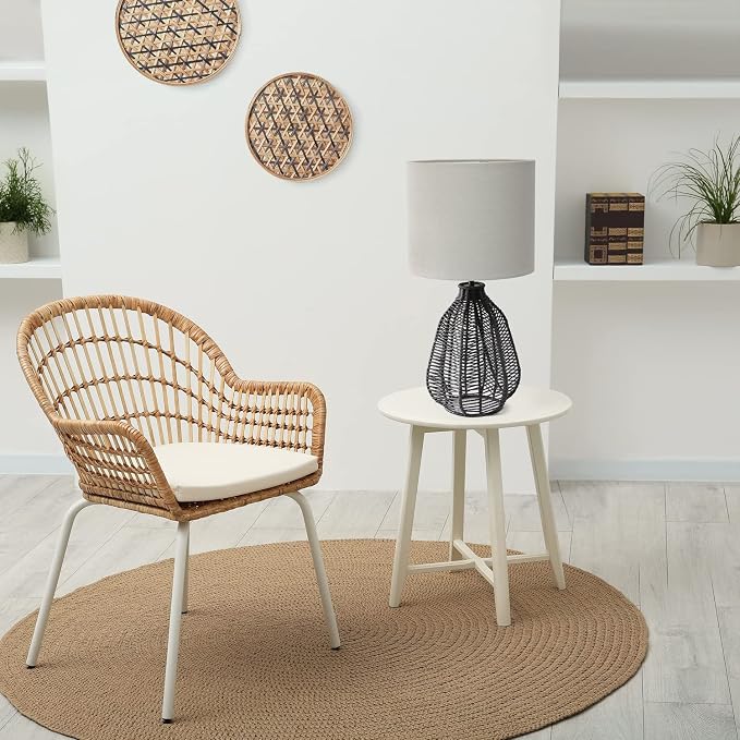 Elegant Designs LT2106-BLK 21" Tall Boho Coastal Inspired Rustic Paper Rope Rattan Wicker Look Standard Table Desk Nightstand Lamp with Light Gray Fabric Linen Shade, Black