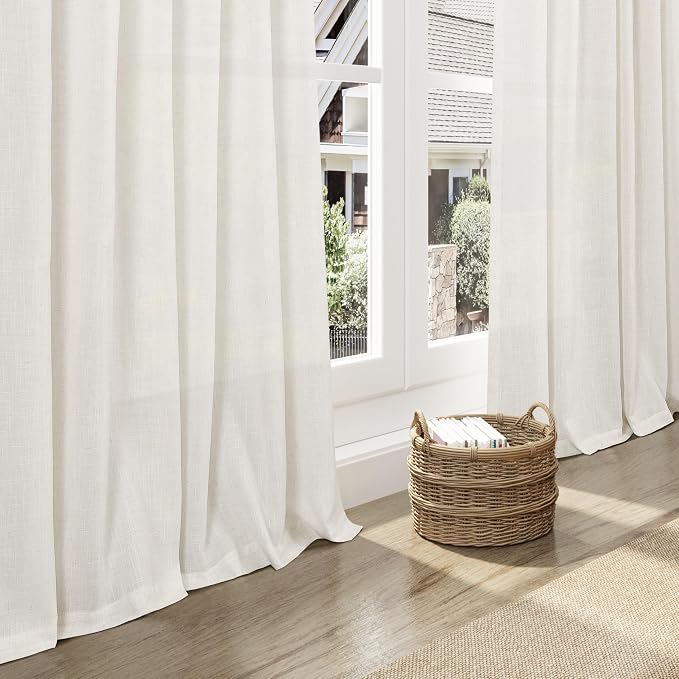 Beige White Linen Curtains for Living Room 86 Inches Long Back Tab and Rod Pocket Light Filtering Semi Sheer Curtain Rustic Farmhouse Decor Luxury Drapes for Bedroom Office 52x86, 2 Panels
