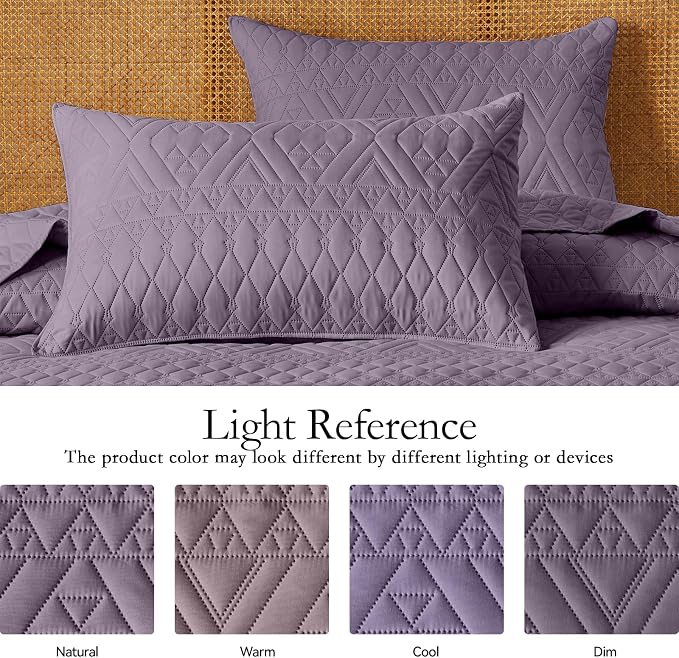 akkialla Full/Queen Quilt Set, Grayish Purple Lightweight Microfiber Bedspread Coverlet, Boho Geometric Pattern, Soft All-Season Bedding, 3-Piece (1 Quilt, 2 Pillow Shams)