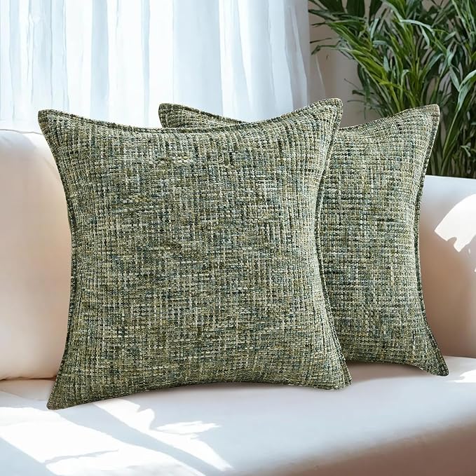 HAUSSY Pack of 2 Chenille Tweed Throw Pillow Covers 20x20 Inch, Dark Green