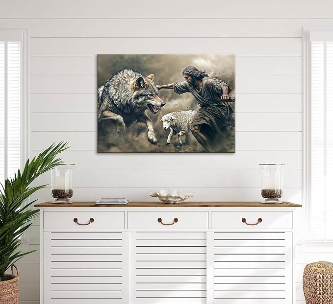 Jesus Saves the Lost Lamb Canvas Wall Art Jesus Lamb Wolf Painting Picture Wall Decor The Shepherd's Protection Wolf Poster Print Artwork Christ Art for Living Room Bedroom Church Home Decoration