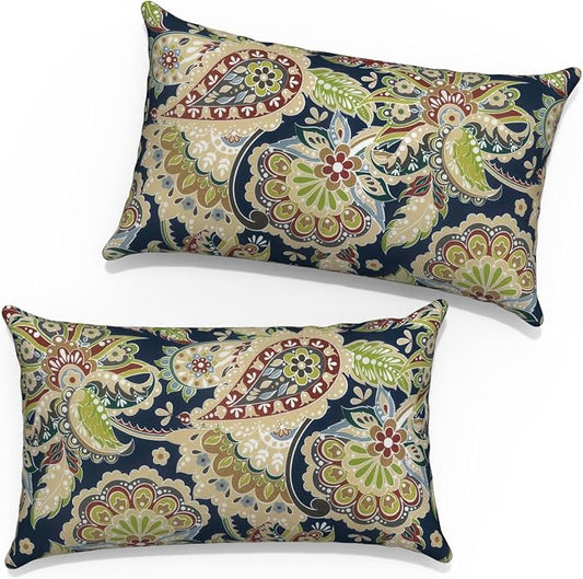 12x20 Inch Lumbae Pillow Covers, Rectangle Waterproof Throw Covers Set of 2, Decorative Patio Furniture Cushion Cases for Porch Garden, Paisley Sapphire Blue