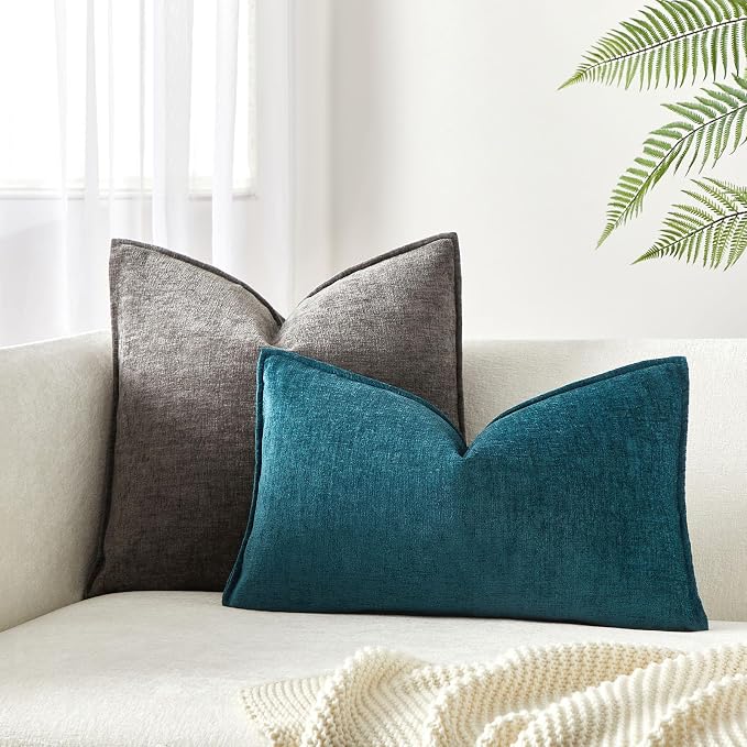 JUSPURBET 12x20 Chenille Lumbar Throw Pillow Covers Set of 2,Peacock Blue | JUSPURBET Decorative Cozy Soft Cushion Covers Case with Hidden Zipper for Couch Sofa Bed Home Decor Living Room