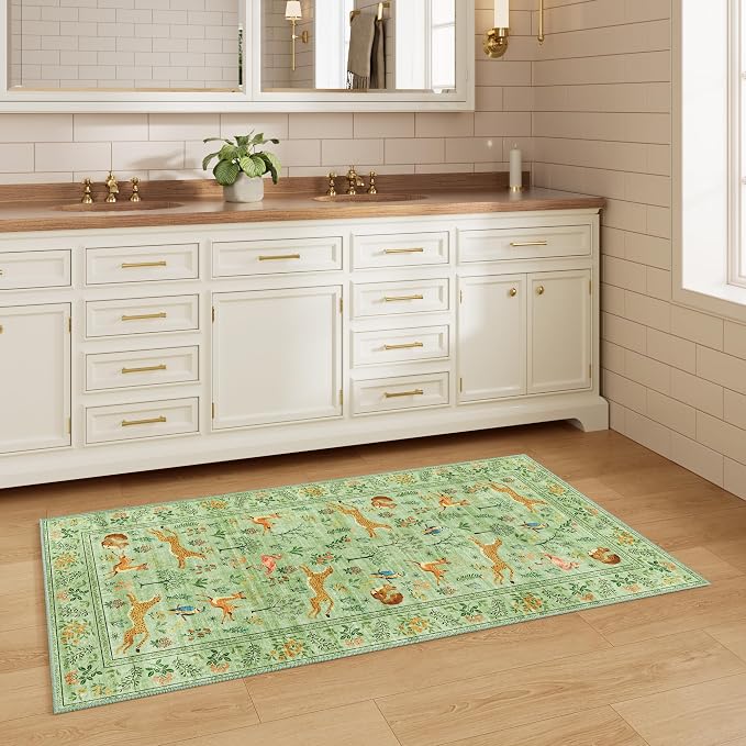 DUKINO 2x5 Rug for Hallway, Washable Animal Runner Rug Non Slip Light Green | Low Pile, Stain Resistant, Soft Indoor Carpet Runner for Kitchen, Entryway, Bedroom, Bathroom, Pet Friendly, Lightweight