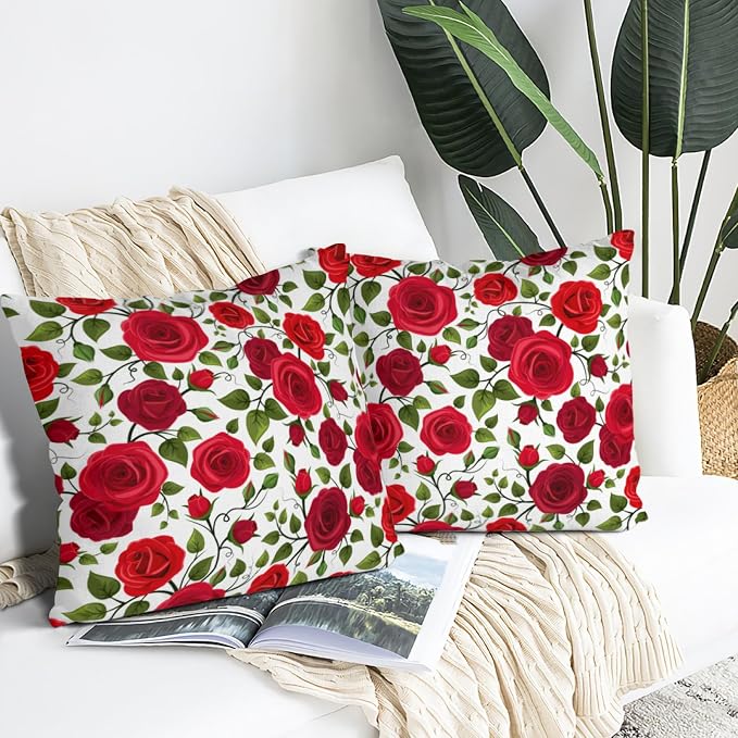 Red Rose Throw Pillow Covers 18"x18" Set of 2, Red Decorative Pillow Cases for Couch Sofa Chair Office Living Room Bedroom Decor Outdoor Pillowcase