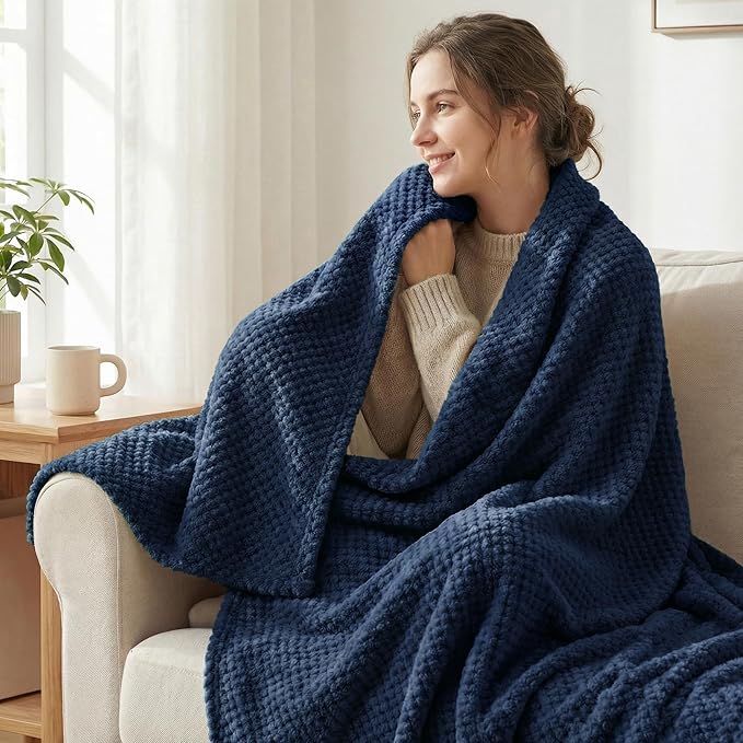 Exclusivo Mezcla Fleece Bed Blanket King Size, Super Soft and Warm Blankets for Couch, Sofa and Bed Waffle Textured, Cozy, Fuzzy and Lightweight (Navy Blue, 90x104 Inches) | Lightweight Plush Blanket for Bed, Bedroom, Cozy Flannel with Waffle Texture, ...