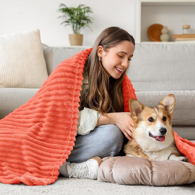BEDELITE Ribbed Jacquard Coral Red Fleece Twin Blanket for Bed, 60x80 Inch | Soft Warm Decorative Fluffy Blanket, Cozy Plush Lightweight Fuzzy Throw Blanket for Couch Sofa Room Decor, Gift for Women