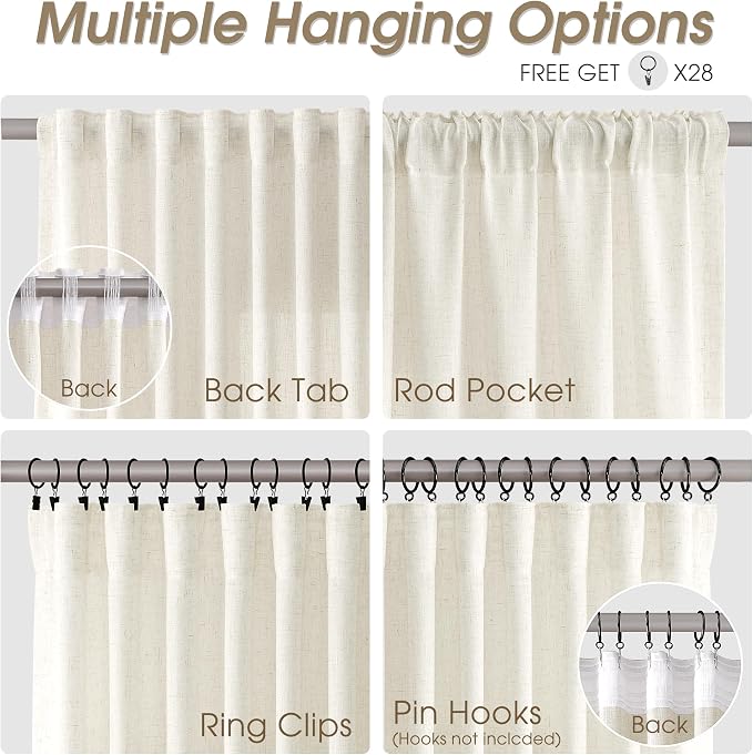 Linen Curtains 63 Inches Long for Living Room Semi Sheer Light Filtering Curtain Back Tab Neutral Boho Modern Farmhouse Window Drapes for Bedroom 52x63 2 Panels Cream Ivory Beige Natural