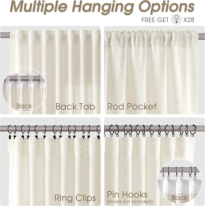 Extra Long Linen Curtains 112 Inches for Living Room Back Tab Sheer High Floor to Ceiling Light Filtering Curtain Farmhouse Window Drapes for Bedroom 2 Panels Cream Ivory Beige Natural