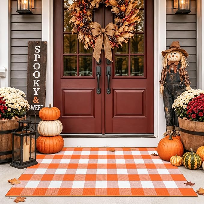 LEEVAN Halloween Outdoor Rug 3x5, Orange Buffalo Check Fall Front Porch Rug | Washable Thanksgiving Checkered Plaid Door Mat, Layered Autumn Doormat for Farmhouse Entryway Kitchen Patio