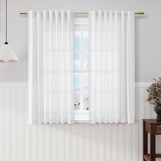 White Linen Back Tab Rod Pocket Curtains for Living Room 56 Inch Length 2 Panels Set Semi Sheer Light Filtering Privacy Drapes Neutral Modern Farmhouse Window Curtain for Bedroom 52x56