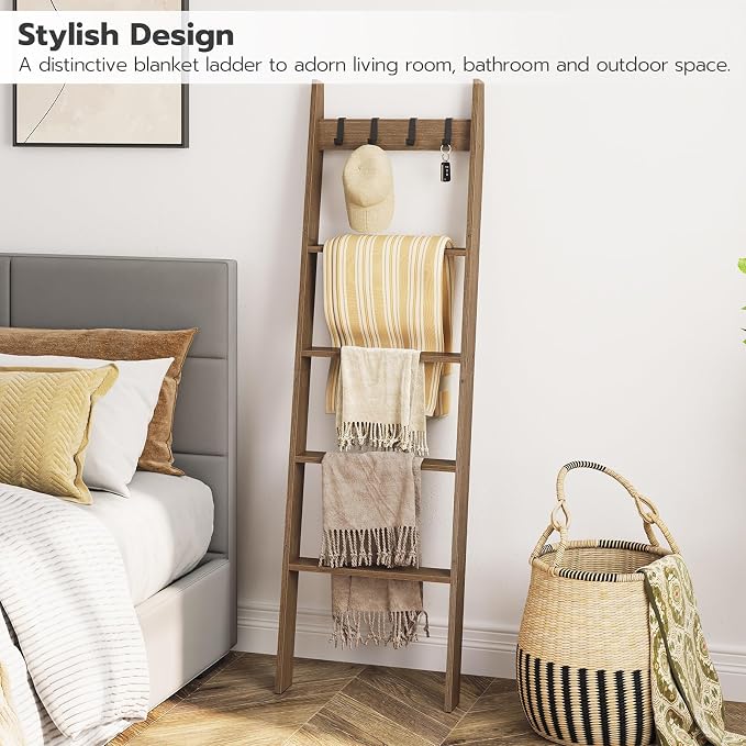 HOOBRO Blanket Ladder for Living Room and Bedroom, 5-Tier Wall Leaning Towel Rack for Bathroom, Decorative Ladder Shelf with 4 Removable Hooks, Farmhouse Blanket Storage, Mocha MA51CJ01G1