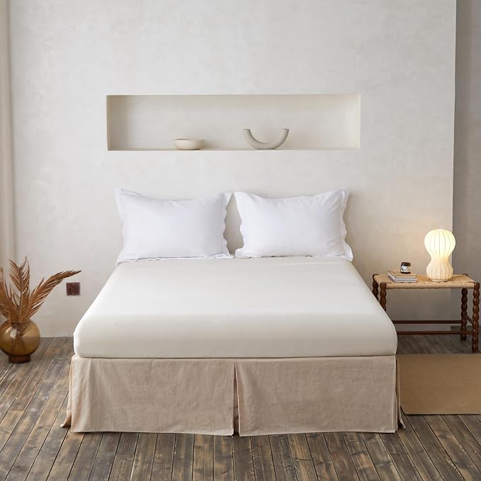 BISELINA French Linen Wrap Around Bed Skirt with Pleated Corner 14-Inch Tailored Drop Natural Flax Cotton Blend Basic Soft Cozy (14" King, Linen)