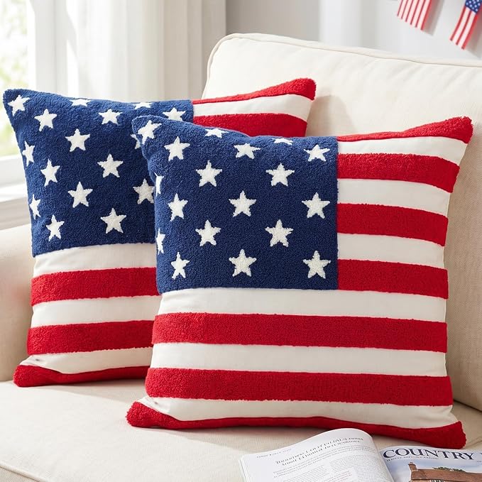 GEEORY Patriotic American Flag Pillow Covers Set of 2 16x16, Chenille