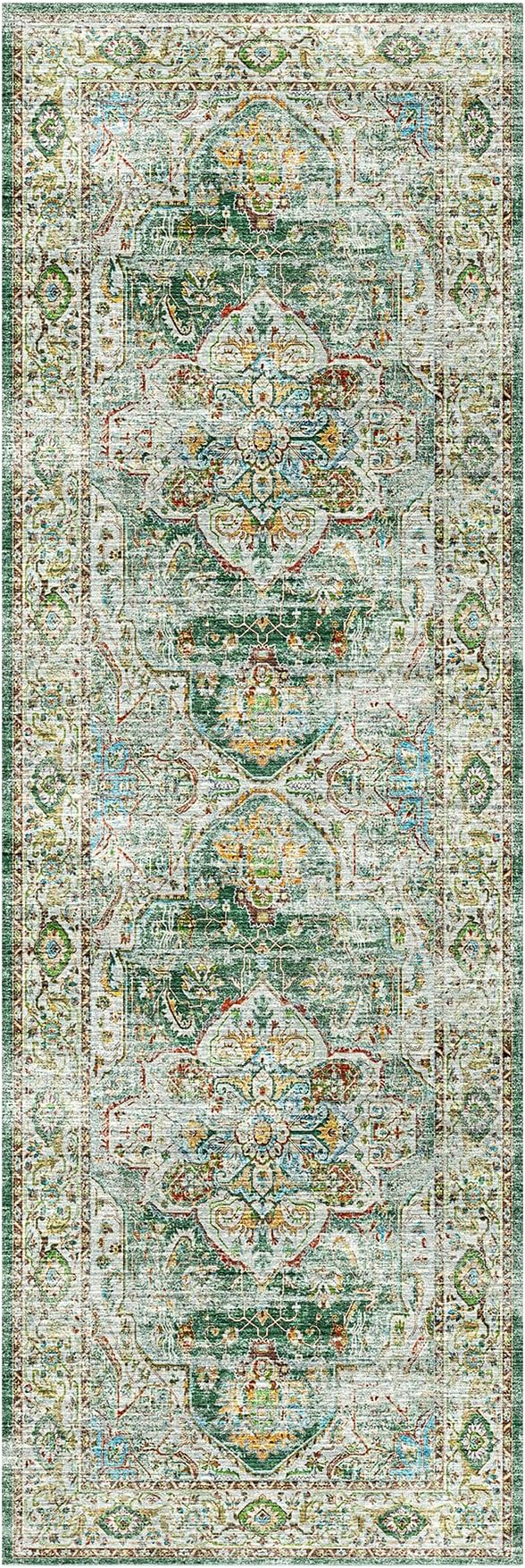 Madane Kitchen Runner 2'6''x8' Soft Rug Runners for Hallways, Green | Vintage Machine Washable Printed Rugs 2.5x8 Ft, Non-Slip Low Pile Stain-Resistant 8ft Floor Carpet for Laundry Room, Corridor