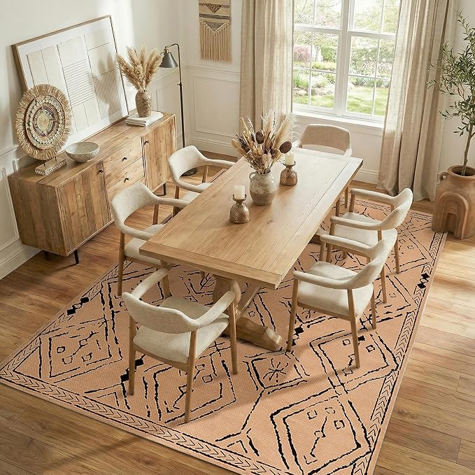 jinchan 8x10 Faux Jute Area Rug Washable Moroccan Living Room Rug, Taupe | Neutral Boho Geometric, Non-Slip, Low Pile, Indoor Outdoor, Natural Fiber Look, Dining Room, Deck, Backyard, Bedroom, Patio