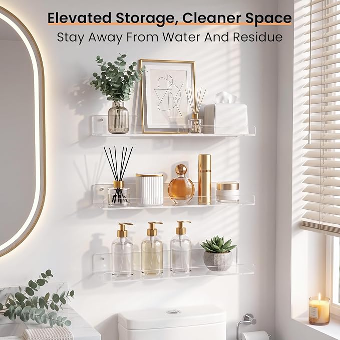 upsimples 15" x 6" Acrylic Shelves for Wall Storage and Organizer, 4 Pcs