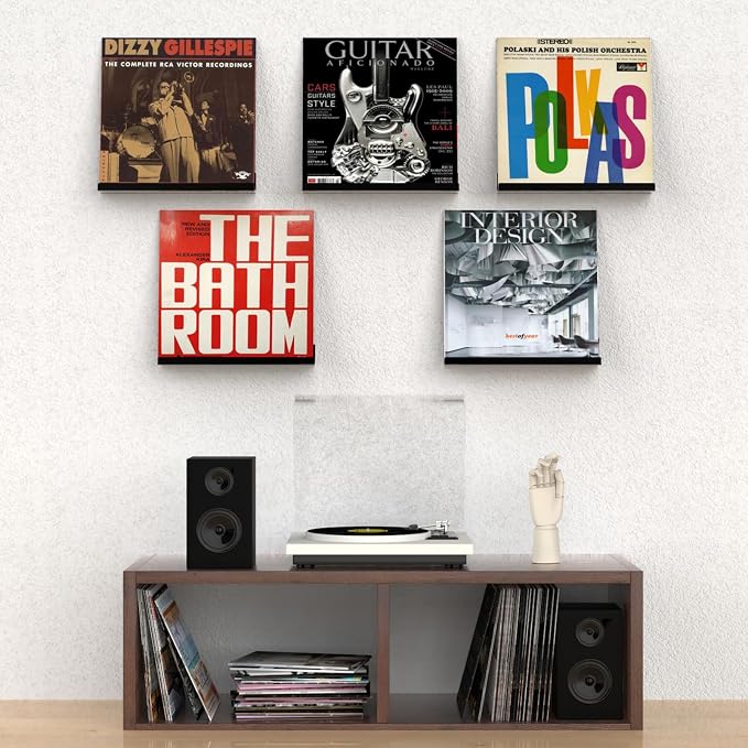 ILYXY Acrylic Vinyl Record Holder Wall Mount – 8 Pack 12-Inch Floating Vinyl Shelves, Black Record Display Frames for LP Albums & Wall Decor