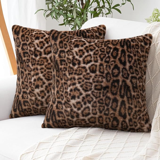 cygnus Faux Fur Cheetah Print Pillow Covers 20x20 inch | Set of 2 Leopard Couch Pillowcase ,Fluffy Fuzzy Decorative Square Throw Pillows, for Couch Sofa Living Room Bedroom Decor