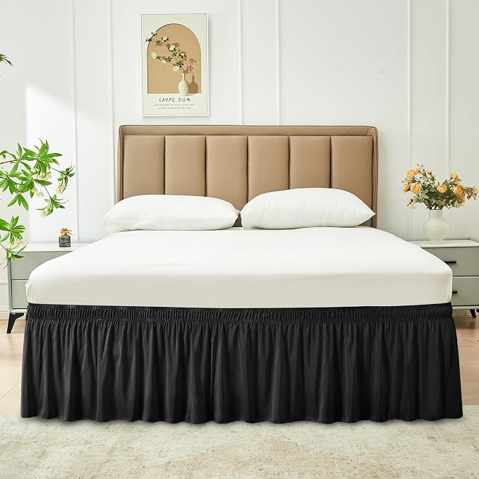Wrap Around Queen Size Bed Skirt 17 Inch Drop-Elastic Dust Ruffle Black | Adjustable Pleated Bedskirt-Easy Fit Wrinkle Resistant Washable Hotel Quality Fabric Bed Skirting-Master Guest Bedroom Rental