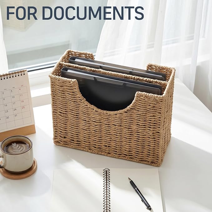 Coeusy Wicker Magazine Basket, Paper Rope Woven Magazine Holder for Files, Books, Documents, Newspapers, Narrow Boho Organizer and Storage Bins with Handle for Office, Living Room, Bathroom (Natural)