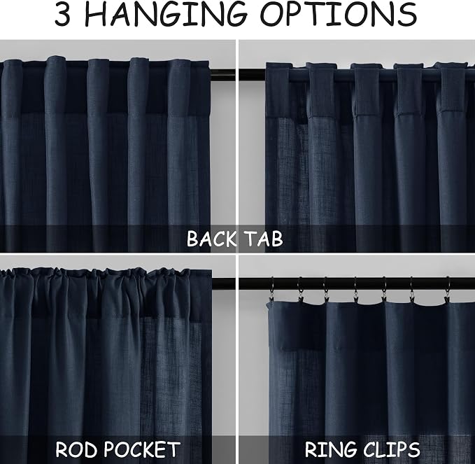 Navy Blue Linen Blend Drapes 84 Inch Length 2 Panels Set Back Tab Rod Pocket Light Filtering Semi Sheer Textured Indigo Blue Curtains Boho Farmhouse Decor Curtains for Living Room Bedroom 40x84