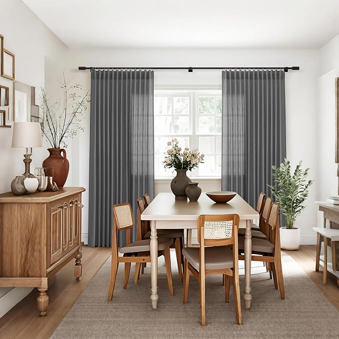 Jowels Dark Grey Linen Curtains 90 Inch Long 2 Panels for Living Room | Light Filtering Semi Sheer Curtain, Back Tab Pocket Pleated Look, Boho Farmhouse Textured Privacy Drapes for Bedroom Window