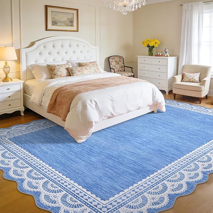 COZYLOOM 9x12 Scalloped Lace Border Area Rug for Bedroom, Large Living Room Rugs with Non Slip Backing, Modern Solid Stain Resistant Rugs Non Shedding Low Pile Mats for Bedroom, Dining Room, Blue