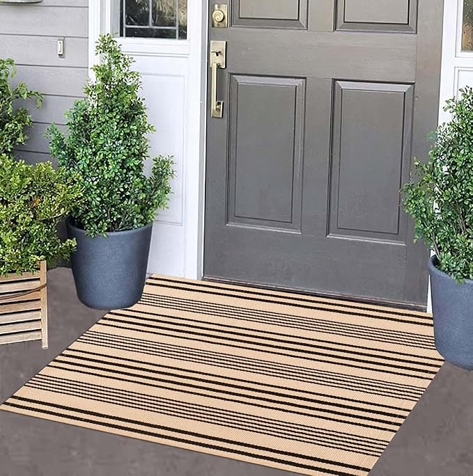 Front Outdoor Door Mat 2'x3',Tan Black Striped Outdoor Rug Machine Washable Cotton Layered Door Mat Entryway Throw Rug for Indoor Entrance