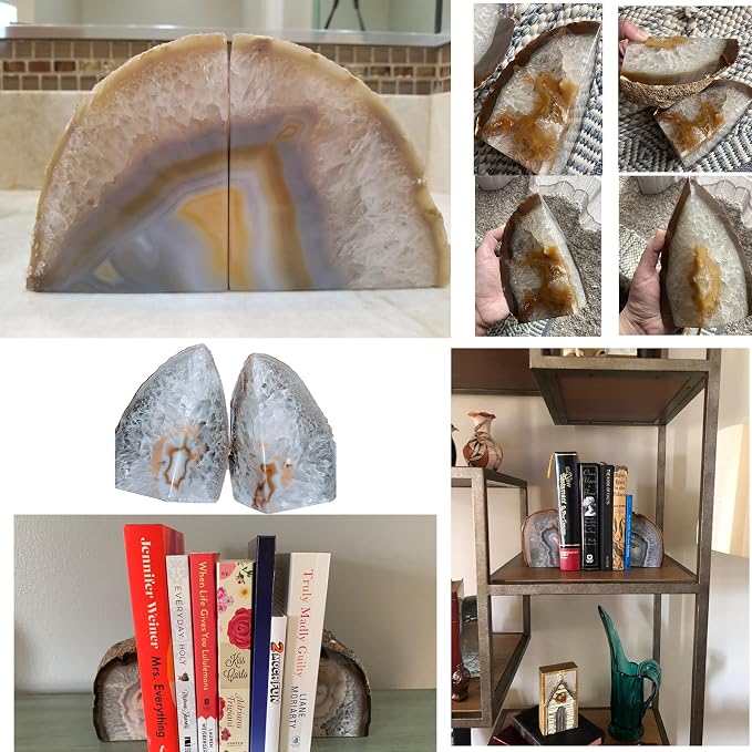 JIC Gem Natural Agate Geode Bookends Anti-Slip Rubber Bumpers 1 Pair 3-4Lbs | Natural Agate Crystal Shelf Decor, Weighted Stone Book Holders for Home & Office, Unique Gemstone Crystal Bookends Gift