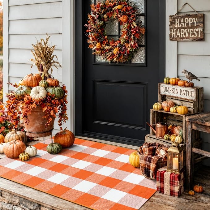 LEEVAN Halloween Door Mat, Orange Buffalo Plaid Fall Front Porch Decor Rug | 2'4" x 3'7" Layered Doormat, Washable Thanksgiving Checkered Welcome Door Mat for Entryway Kitchen Bathroom
