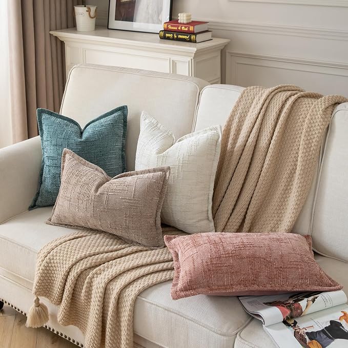 Yaertun Chenille Throw Pillow Covers 16x24 Inch Set of 2 Textured Broadside Soft Cozy Velvet Pillow Covers Modern Farmhouse Boho Decorative Pillow Cases for Couch Bed Sofa Livingroom Dusty Pink