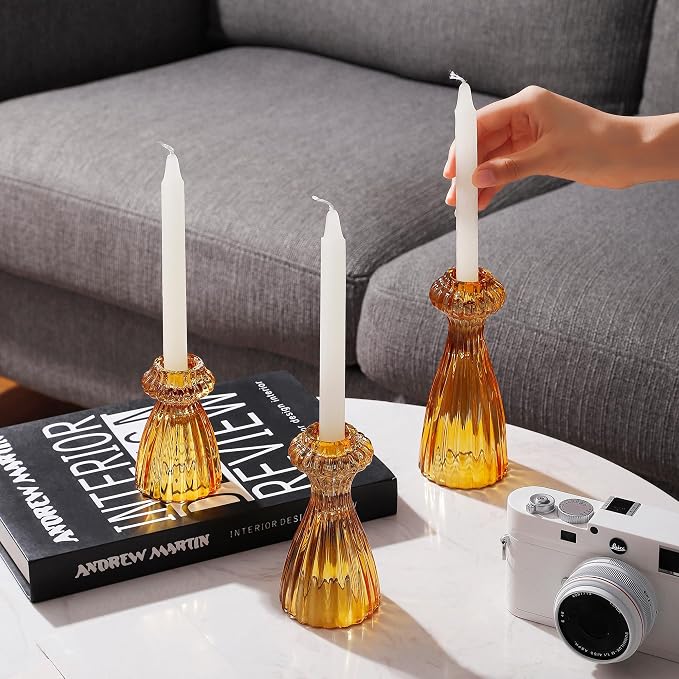 Lysenn Glass Candlestick Holders, Taper Candle Holders Set of 3, Amber
