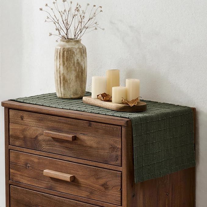 ZeeMart Artisanal Grid Linen Table Runner, 13x108 Inches Army Green | Heavy Textured, Durable Thick Fabric, Farmhouse Handwoven Feel Linen Runner, Easy Care Table Decor for Kitchen Dining Room