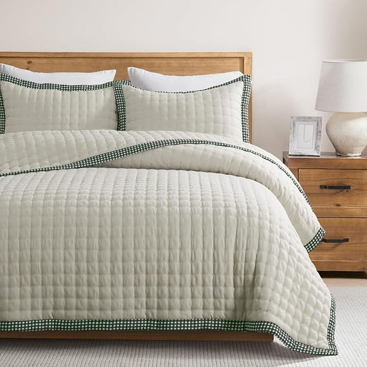 WDCOZY Wheat Cloud Quilt Set Queen Size, Lightweight Soft Cross Stitch Bedspread, Farmhouse Rustic Country Coverlet, Spring Summer Thin Comforter, 3 Pieces, 2 Pillow Shams, 90x90 inches