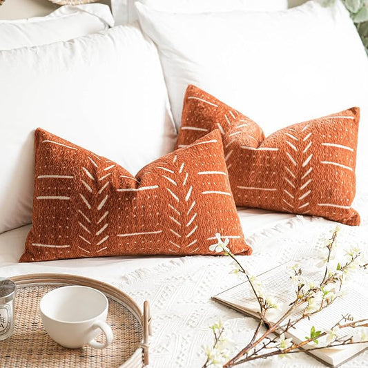 BlissBlush Decorative Lumbar Throw Pillow Covers 12X20 Set of 2, Brick Red Rust Boho Farmhouse Cushion Cover, Soft Accent Pillowcase for Couch Sofa Bed Living Room Home Décor