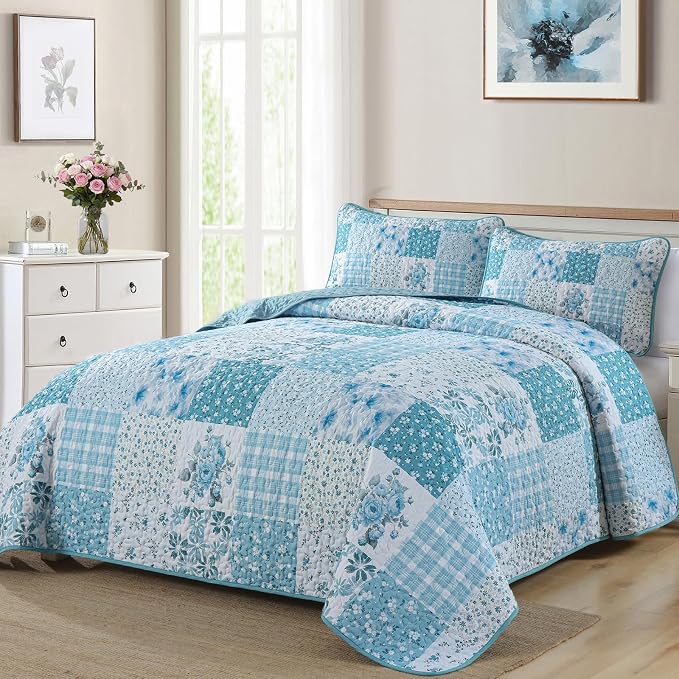 Mybedsoul Blue Patchwork King Size Quilt, Floral Reversible Bedding Set | Soft Lightweight Microfiber Coverlet Set, 3 Pieces Plaid Bedspread, Bed Sets for All Seasons 90"x110"