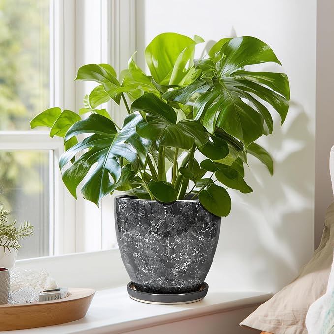 Ceramic Pots for Plants - 6 Inch Ceramic Planter with Drainage Hole and Saucer, Modern Planters for Indoor Outdoor Plants, Round Planter, Home Garden Decor, Plant Lover Gifts, Grey
