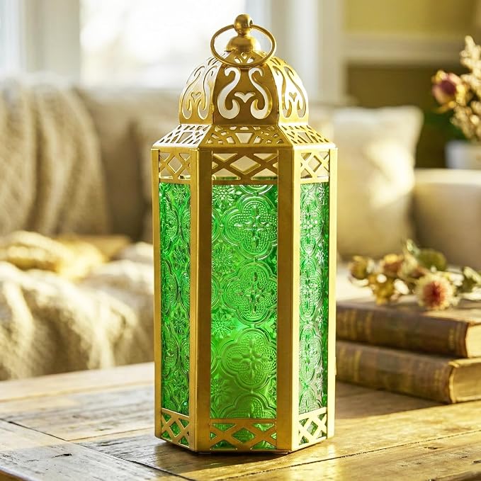 Vela Lanterns Decorative Indoor Moroccan Candle Holder, Gold Green, M | Ramadan Decorations for Home, Green Candle Lantern, Diwali Eid Table Centerpiece, Hanging Tealight Votive Pillar, 10.5in