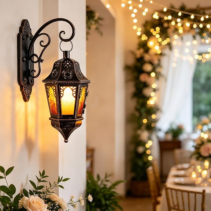 Moroccan Lantern Decorative Indoor & Outdoor, 13.6’’ Vintage Decorative Hanging Lanterns with Chain for Home Porch Patio Decor, Metal Christmas Ramadan Candle Holder Decorations (Amber)